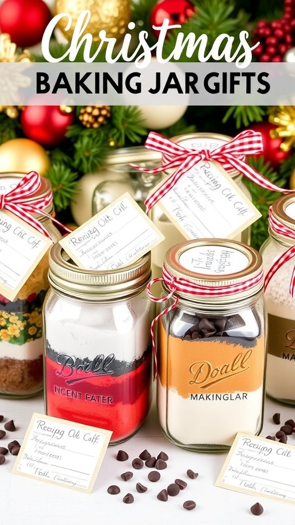 Christmas baking jar gifts with layered ingredients and festive decorations.
